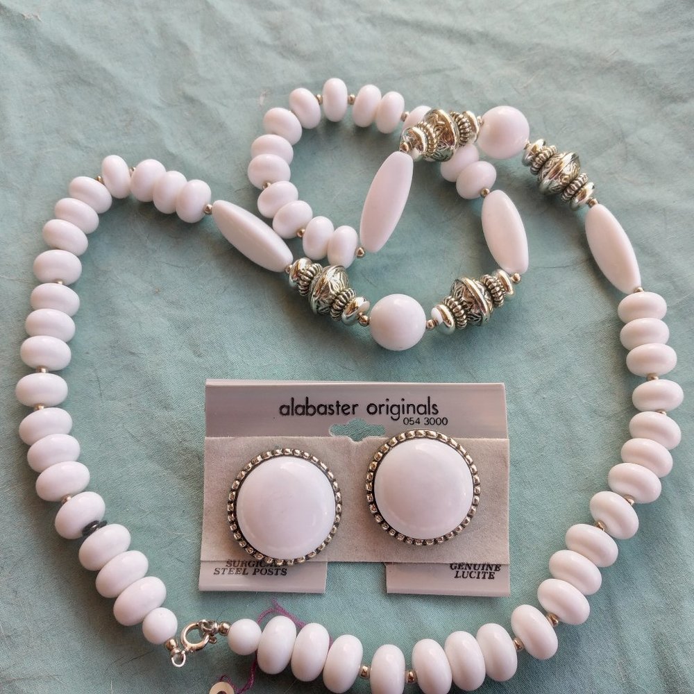 White bead Lucite necklace and matching earrings